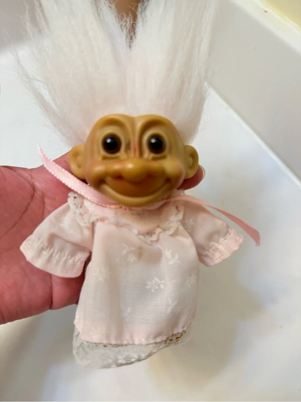 Russ Pink-Clad Baby Troll with White Hair Bath Toy